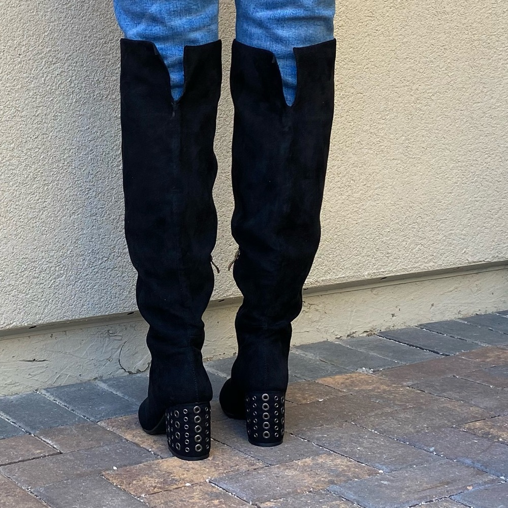 Black Studded Edgy Chunky Kitten Heel OTK Boots - Picture 7 of 8